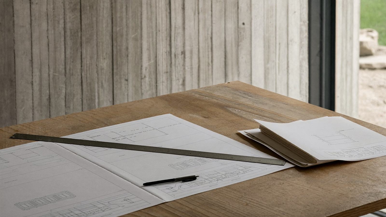 Structural drawings on a site table with a steel rule and pencil