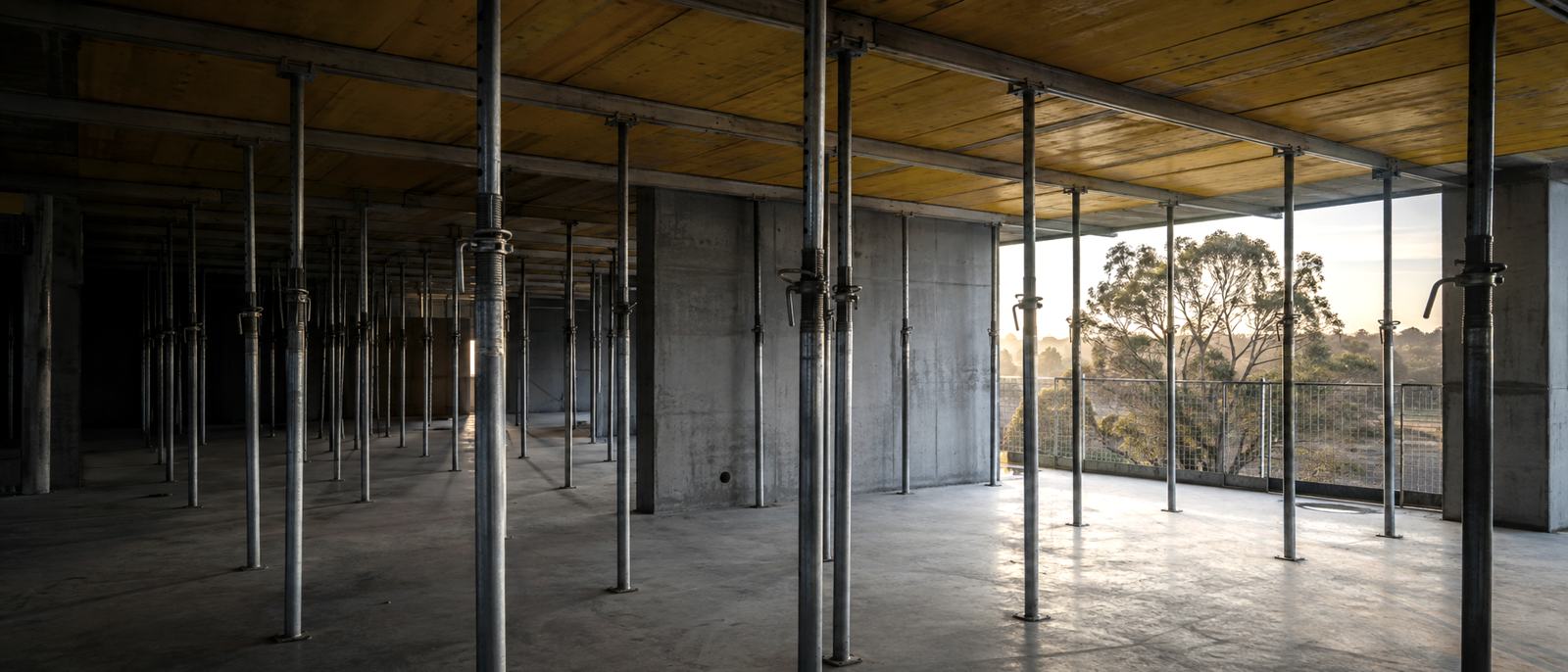 Suspended slab propped with rows of steel props under a yellow formply soffit, concrete blade wall and the open perimeter edge beyond at golden hour