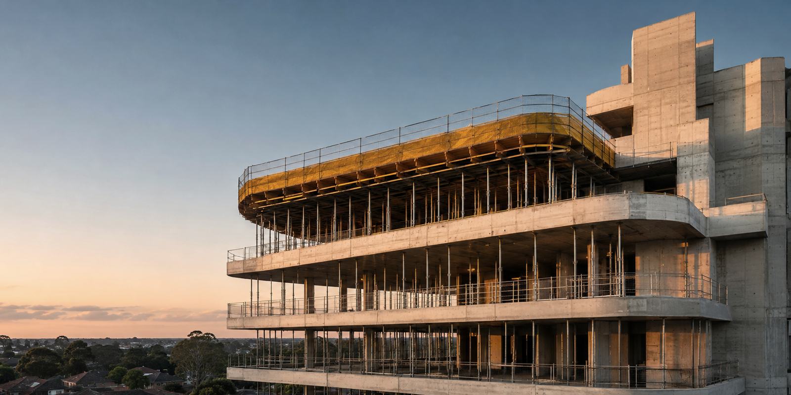 Multi-storey concrete residential structure at sunset, formply deck and props on the top level, tiled roofs and gum trees of the suburb below