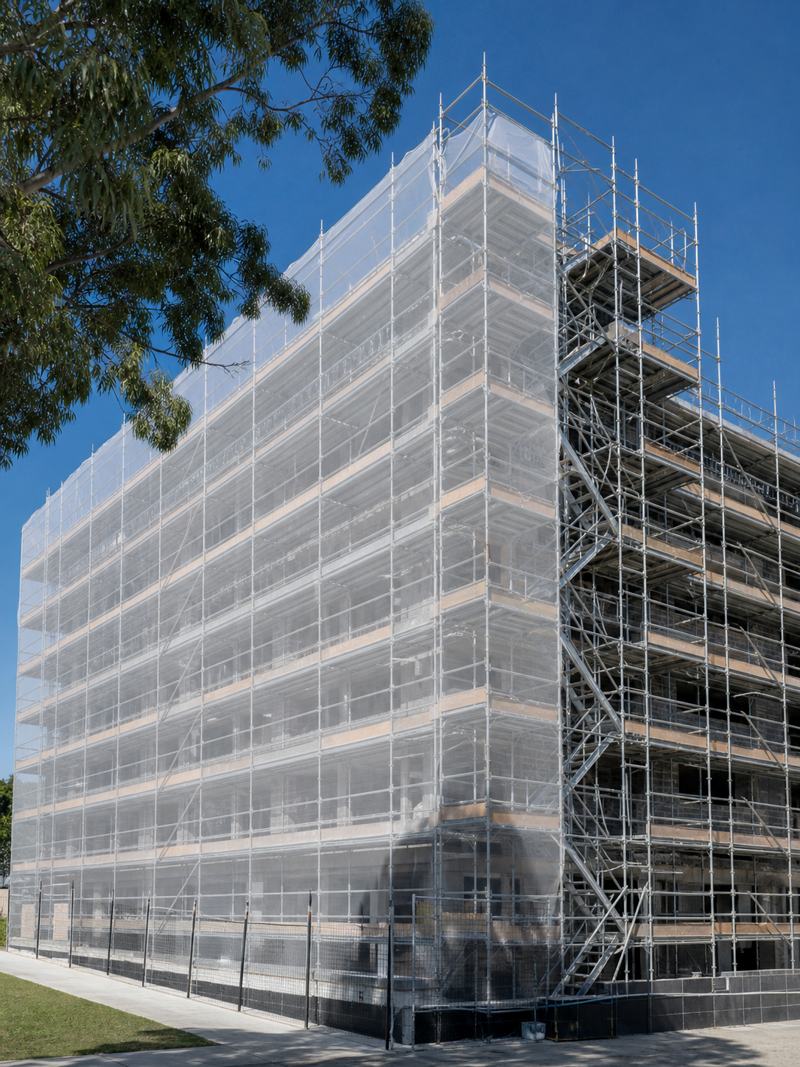 Multi-storey residential building wrapped in scaffolding with white containment mesh and a stair access tower, gum tree in the foreground