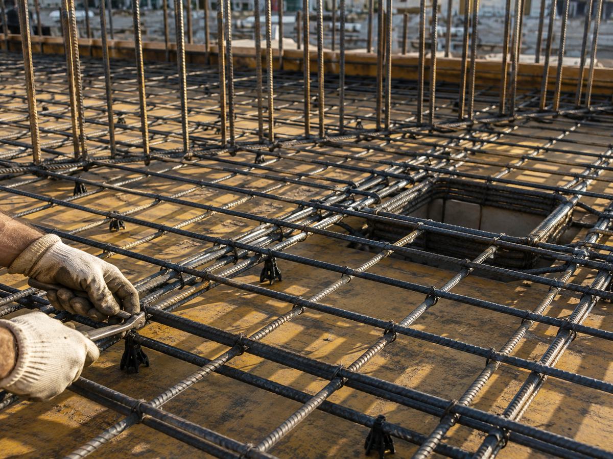 Slab reinforcement mat of deformed bar tied on chairs over yellow formply, starter bars standing for the walls above, a steel fixer tying at the edge of frame